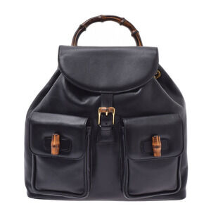 GUCCI Black Leather Bamboo Backpack Daypack